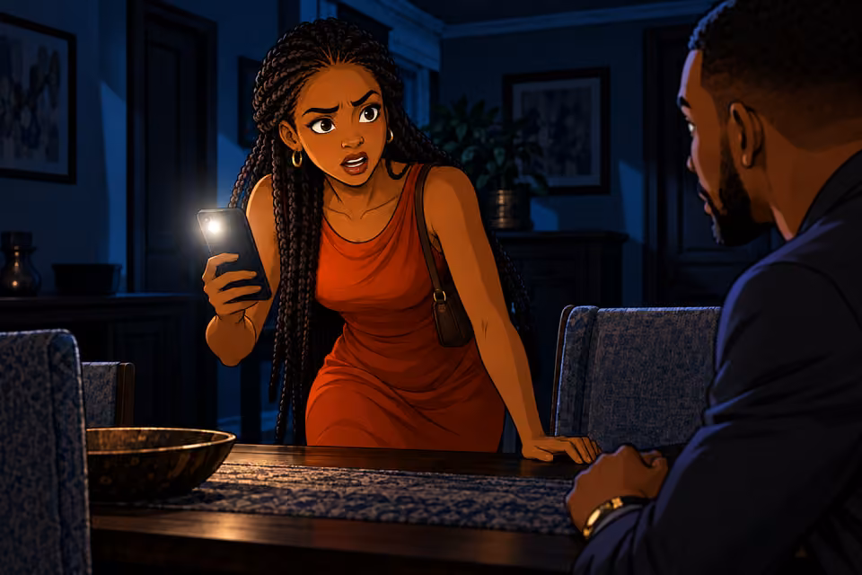 Yewande straightens with new determination, gripping her lit phone and turning toward Chike whose shoulder is at frame edge. She insists they must find Imani. No text, no extra people, cool phone glow.