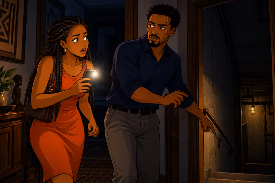 Near a side doorway leading toward basement stairs, scarred Ayodele points downward while explaining his plan to Yewande. He looks uneasy, navy shirt and healed left cheek scar clear; she holds her phone flashlight. Two adults only, night blackout.
