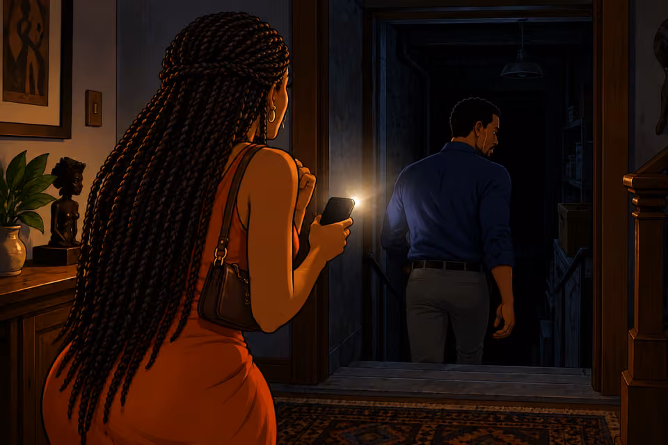 View behind Yewande in the dark foyer as Ayodele recedes through the basement doorway into darkness, her phone’s spill catching the edge of his navy shirt. Yewande pauses, worried, hand at chest. No Imani apparition, no literal curse imagery.