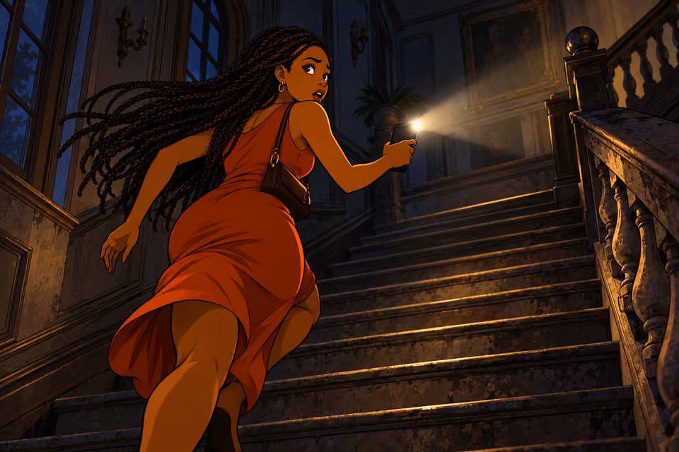 Yewande alone races upward with her phone flashlight cutting through dust and darkness. Braids trail behind, rust sleeveless dress allows natural stair-climbing motion. No teenage memory overlays, no other people.