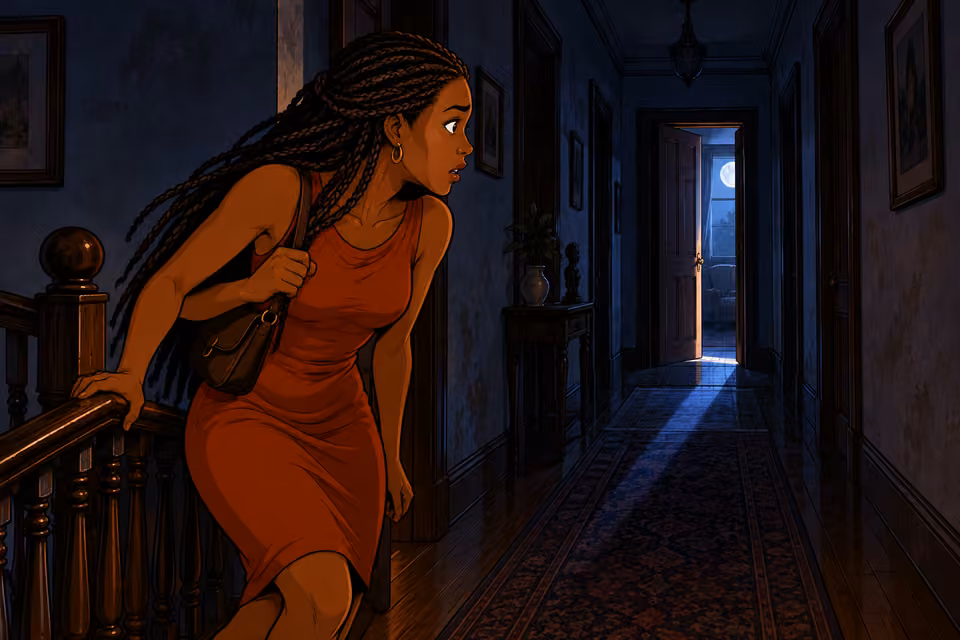 Long upper-floor corridor at night, Yewande breathless on the landing approaching the single partly open door at the far end. A thin real stripe of moonlight spills through that door. Dust, faded walls, no glowing magic, no people beyond her.