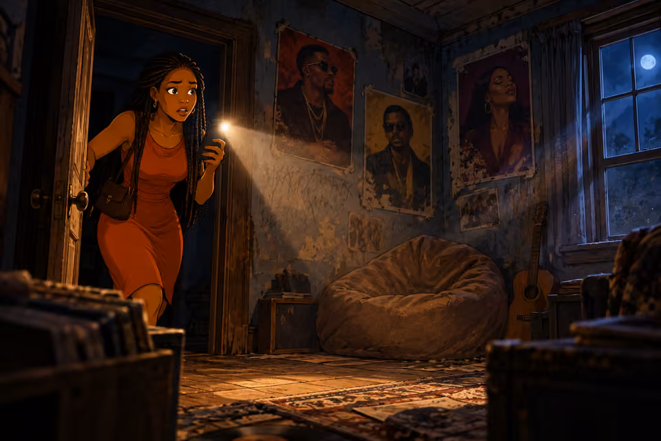 From inside the old hangout room, Yewande pushes its door open and directs her phone flashlight through dust. Faded concert portrait posters without readable lettering, indistinct scratched marks, worn beanbag in corner, aged wooden floor and moonlit window. One woman, 