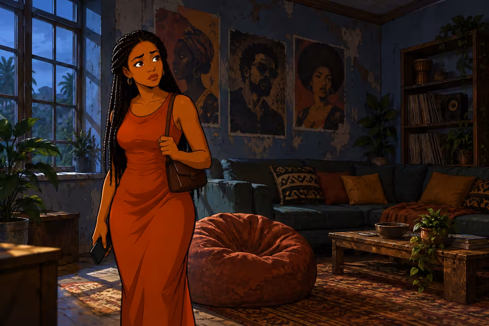 Yewande alone stands near the worn beanbag in the deserted hangout, looking around with bittersweet sadness, phone lowered. Window casts cool light across faded portrait posters and peeling walls. Wide static composition stressing emptiness, no ghosts or memory overlays