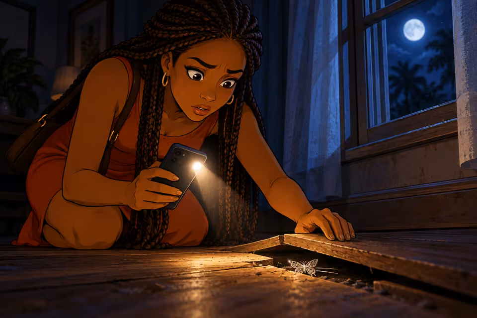 Yewande kneels and angles her phone flashlight toward a delicate silver butterfly hairpin wedged under a loose wooden floorboard. Her attentive face and hand visible, hairpin sharp in foreground. No journal exposed yet, one woman.