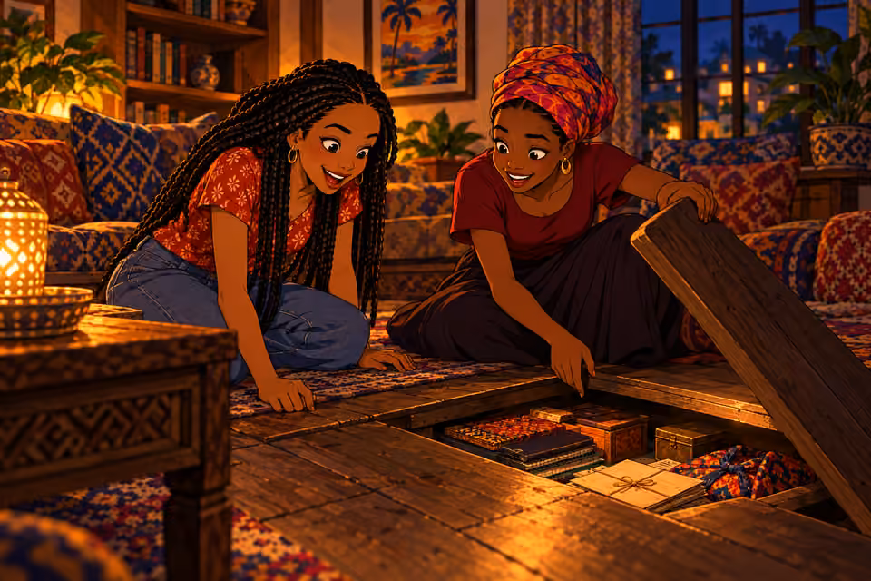 teenage Imani, in modest burgundy blouse, long dark skirt and bright patterned headwrap, excitedly shows teenage Yewande a hidden compartment beneath a lifted floorboard in the same hangout room. Yewande wears modest red patterned short-sleeved blouse, long braids, jean