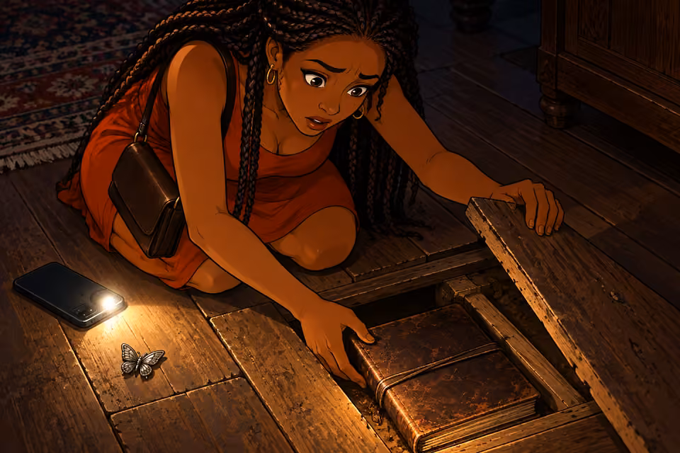 adult Yewande pries open the loose floorboard with trembling hands, revealing a worn brown leather-bound journal in the cavity. Her phone flashlight lies safely beside her. Cover angled away with no visible lettering. Silver butterfly pin beside board; one woman only.