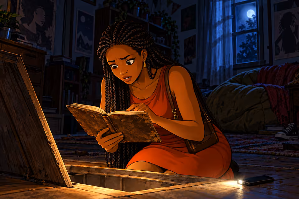Present-night Yewande kneels beside the opened floor compartment and reads the worn journal, fingers tracing the page. Over-shoulder composition focuses her absorbed worried face with page tilted away so marks are illegible. No visualized journal events, figures or supe