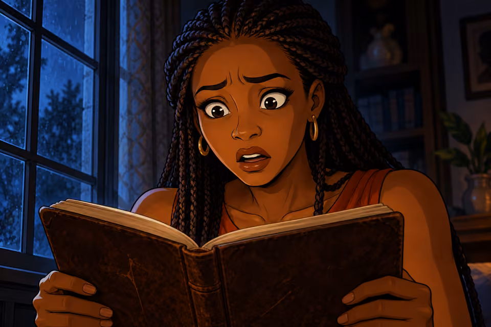 Tight face-level reaction as Yewande reads the journal in cold window light, eyes fearful and breath held. The brown journal edge occupies bottom foreground, pages face toward her and away from viewer. One woman alone, no invented watcher or thought bubble.