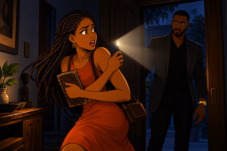 Yewande whirls toward the hangout doorway after a noise, her phone flashlight lighting tall slender Chike silhouetted there. His gold wristwatch glints and charcoal jacket remains unchanged. Worn journal in her other hand. Two adults; suspense comes from pose and light 