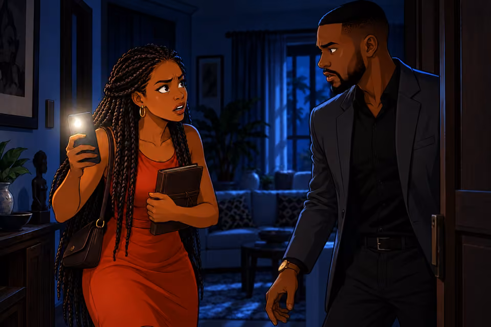Yewande, clutching the closed journal against her rust dress and holding phone light, challenges Chike in the doorway. Her brows tense, his stance guarded. No other people, no text.