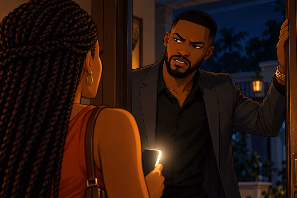 Chike at the doorway answers with a sneer, narrow eyes and slightly curled mouth, gold watch hand braced on doorframe. Charcoal jacket over black shirt, cold moonlight plus phone glow. Only Chike shown, no supernatural eyes.