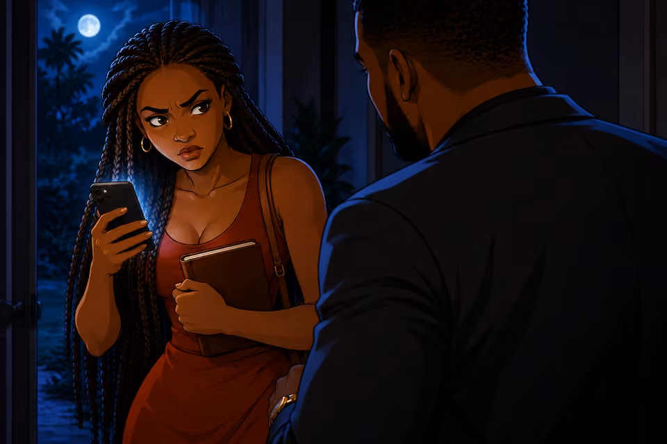 Over Chike’s shoulder, Yewande studies him with growing suspicion, clutching journal tightly with other hand keeping phone ready. Dark hangout room, old beanbag and moonlit window behind her. Two adults, ordinary eyes and shadows, no thought projections.