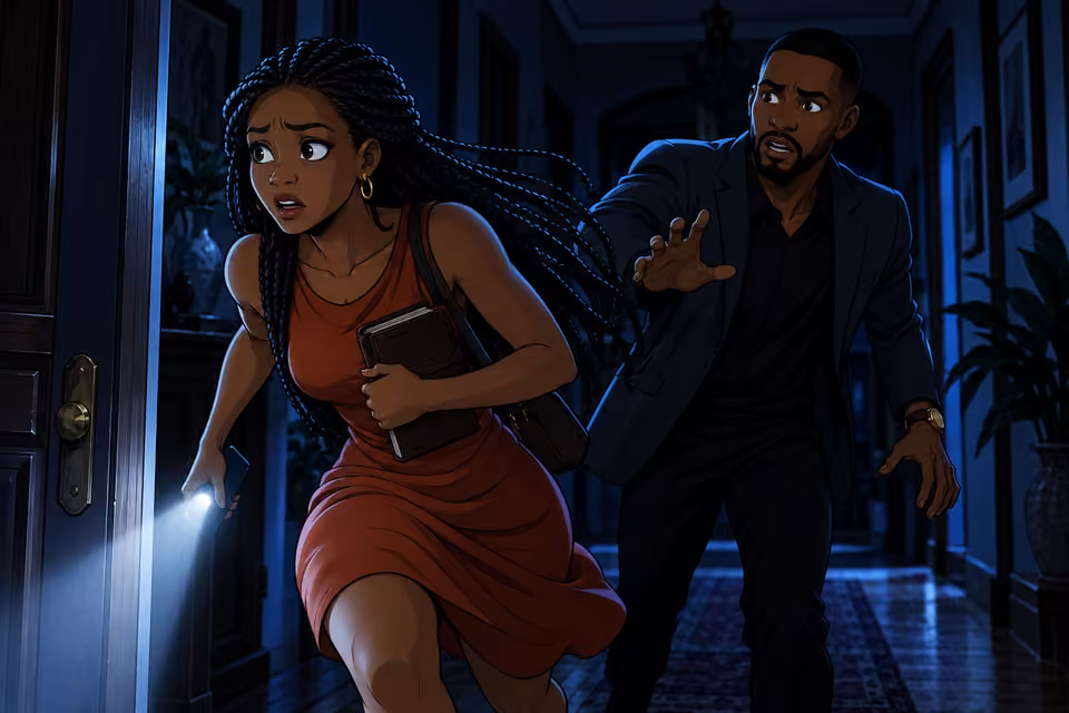 Yewande darts past startled Chike into the hall, brown journal held tight against ribs and phone in her other hand. Long braids swing, rust sleeveless dress, purposeful fear. Two adults, natural running anatomy, no contact violence.