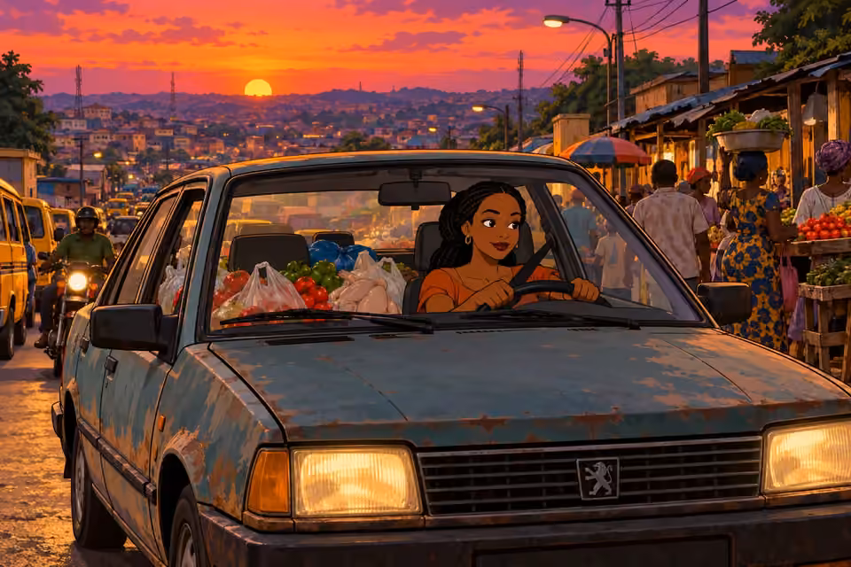 Cartoon illustration of Bisi driving a rusty Peugeot through busy Ibadan streets, with grocery bags visible inside.
