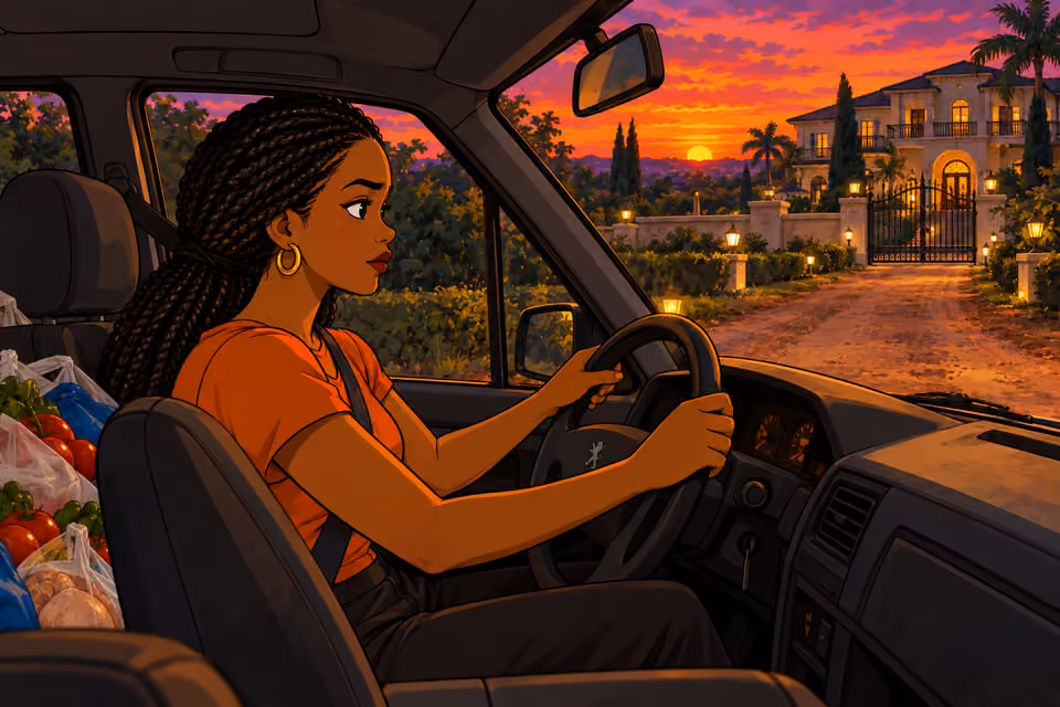 Bisi alone drives the rusty blue-gray old Peugeot onto the dirt road approaching the imposing Briarwood mansion. Seen from passenger side inside car, her orange short-sleeved blouse and braids tied low match reference. Grocery bags fill back seat. Orange-purple twilight