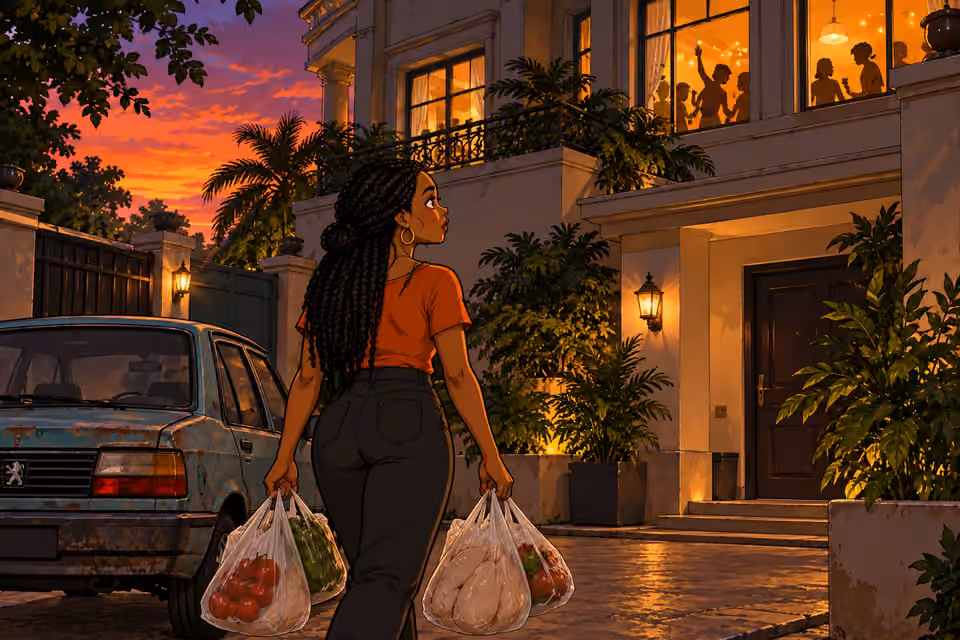 Bisi walks from her parked rusty Peugeot toward the mansion’s back entrance, both hands holding grocery bags of tomatoes, peppers and wrapped chicken. She pauses and looks up toward warmly lit upper windows, sensing distant music. Evening dusk; wide view, Bisi only; no 
