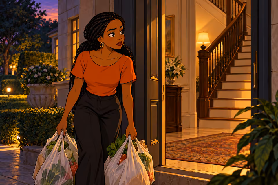 Bisi with grocery bags held low hesitates and looks toward the interior stairway, torn between duty and caution. Her orange blouse, dark practical trousers, tied-back braids and gentle observant face match reference. No other character.