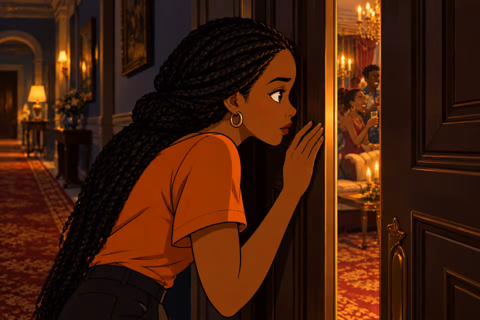 Bisi moves through the dim mansion corridor then peers cautiously through a narrow crack in the drawing-room door. Tight side profile and eye near gap, her grocery bags put down out of frame. Candlelight sliver on her face, plush carpet. Only Bisi visible, no invented o
