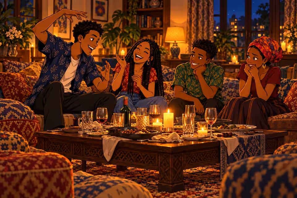 Past-night wide drawing-room view of exactly four teenagers playing a lively dare game, seated around a low table with scattered meal plates and abandoned glasses, no drinking action. Teen Chike tall lanky clean-shaven in open navy patterned shirt over white tee; teen Y