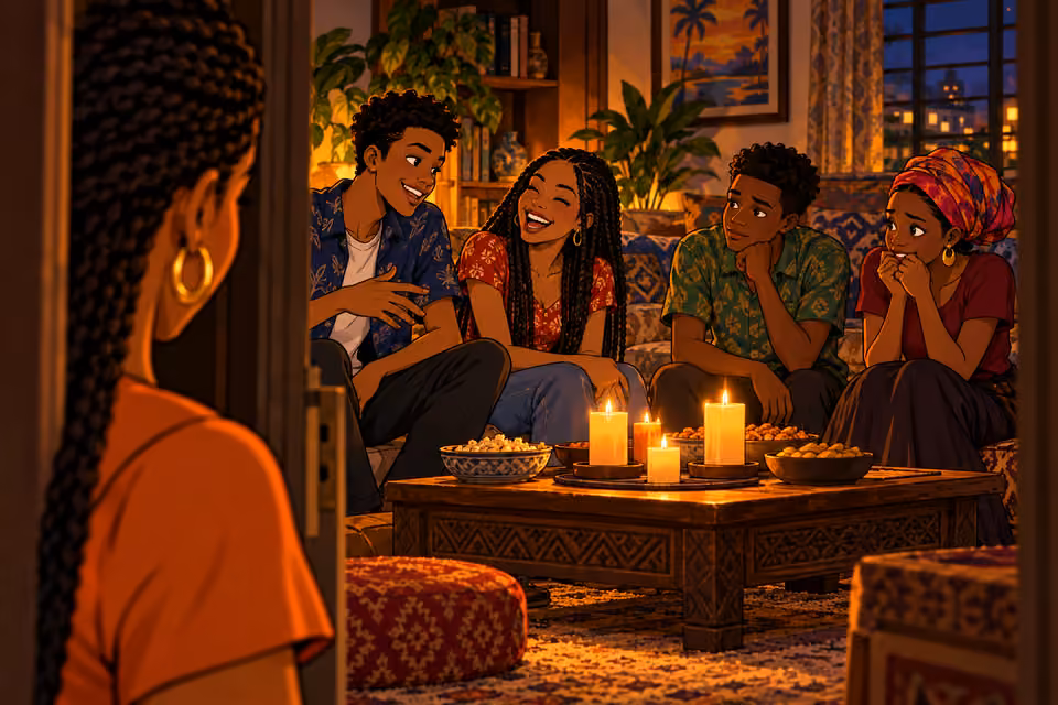 view from Bisi’s vantage at cracked door into drawing-room. Exactly four Nigerian teenagers, clearly younger facial proportions and modest everyday clothing, in flickering candlelight: tall lanky Chike with mischievous grin, short curls, clean-shaven, open navy patterne