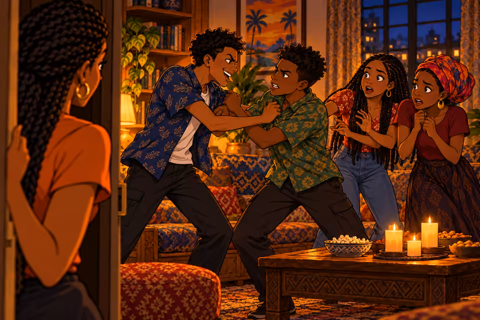 lanky teenage Chike in navy patterned overshirt taunts quieter teenage Ayodele in green patterned shirt, both standing, tense arms briefly pushing shoulders in a non-graphic scuffle. Teenage Yewande with cascading braids and Imani in bright headwrap recoil behind them. 