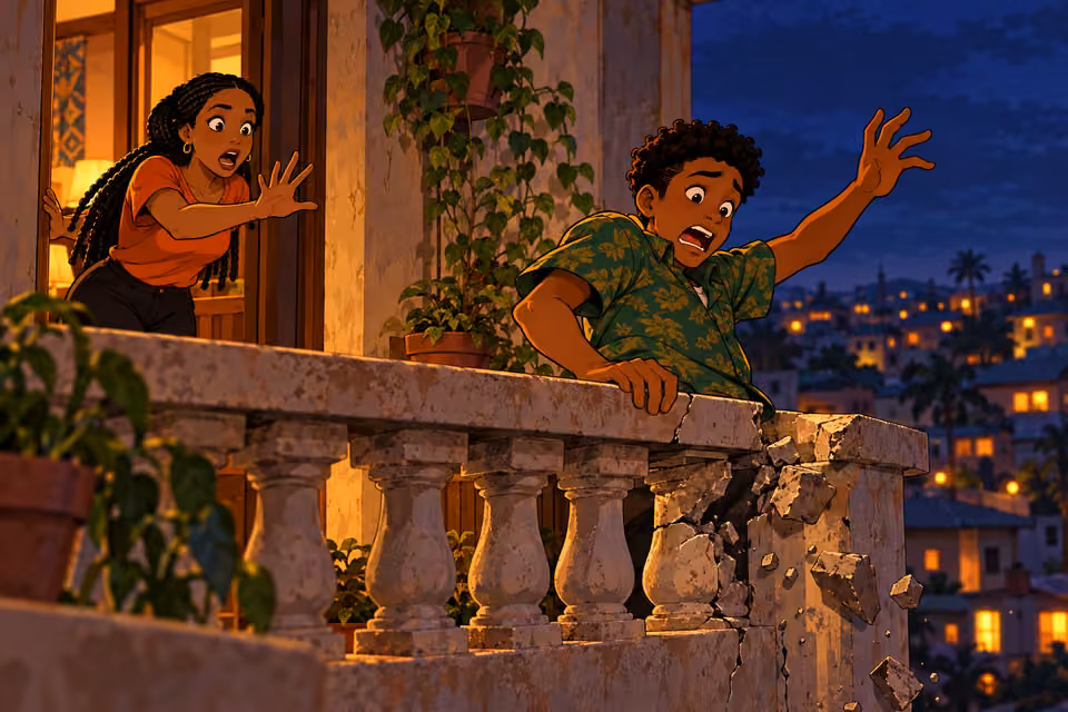 teenage Ayodele in green patterned shirt stumbles backward at the crumbling balcony railing just as a baluster gives way; one hand desperately grasps the top rail and his balance tips beyond it. Frame at balcony level, lower body mostly hidden by intact rail, no ground,