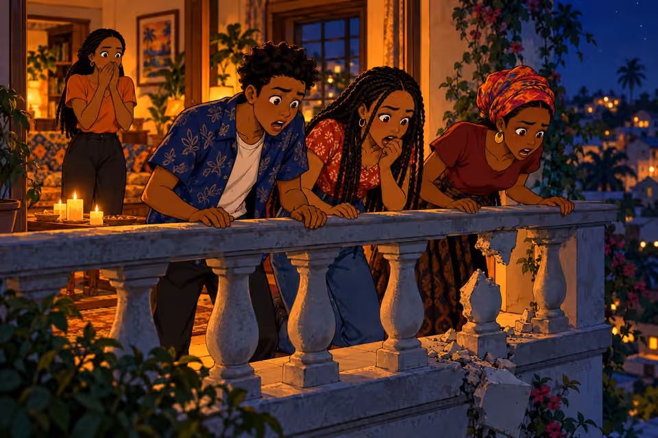 Immediately after the accident, the three remaining teenagers Chike, Yewande and headwrapped Imani rush to the balcony and look downward in horror; no fallen person visible. Bisi remains frozen in the distant drawing-room doorway with hand over mouth. Broken section of 