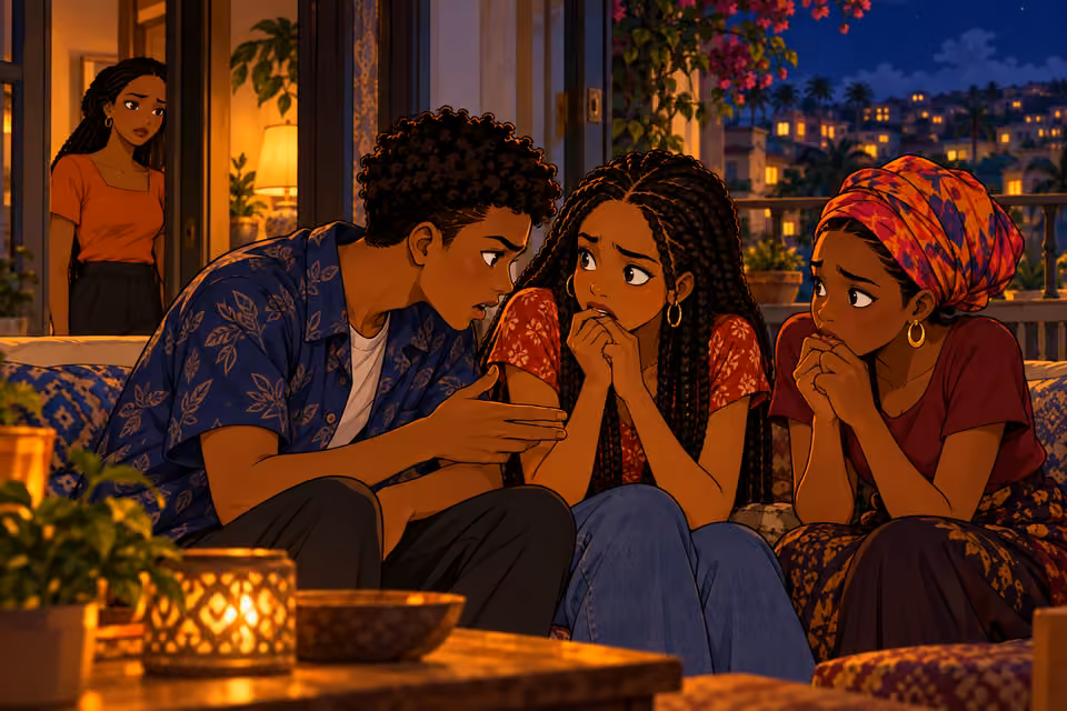 Chike speaks low and controlling, Yewande with braids looks horrified, bright-headwrapped Imani wrings her hands. In background Bisi listens unseen from the corridor. No Ayodele, no written words, broken railing only distant.