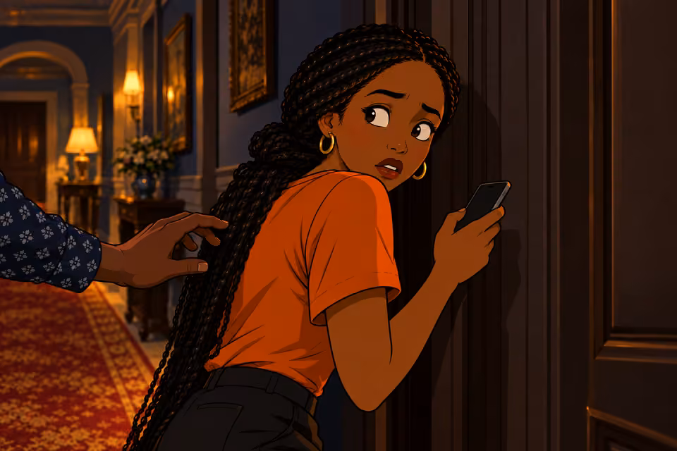 Bisi pauses with her phone and looks back in alarm as an outstretched hand interrupts her emergency call in the mansion corridor.