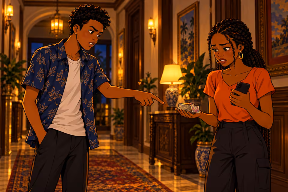 Bisi looks distressed at unwanted banknotes in her open palm while teenage Chike stands at a distance and points toward the money.