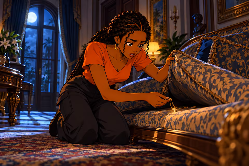Bisi discovers a gold necklace under a sofa cushion.