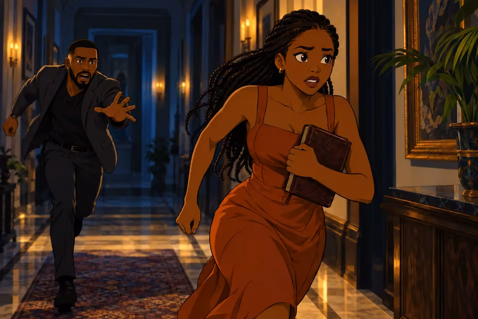 Cartoon illustration of Yewande running through a mansion corridor with Imani’s journal held to her chest as Chike calls after her.