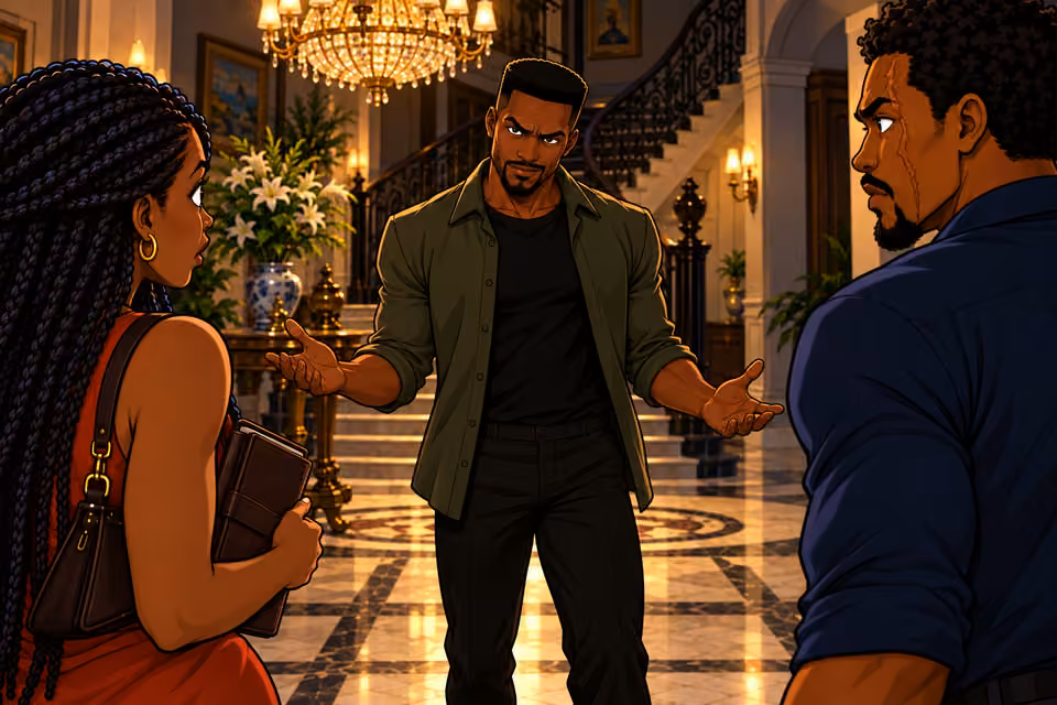 Emeka greets the startled pair with a taunt.