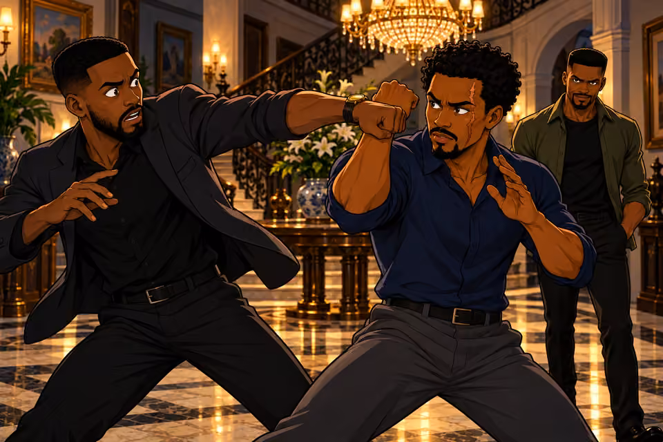 Ayodele blocks Chike’s attack while Emeka watches.