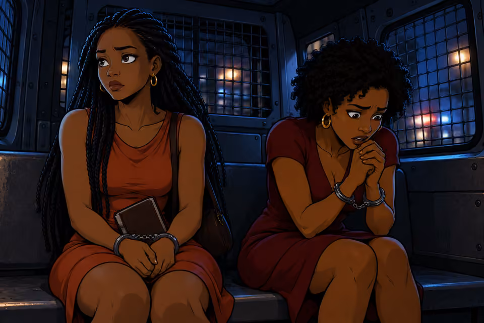 Yewande sits numb while Imani rocks anxiously beside her.