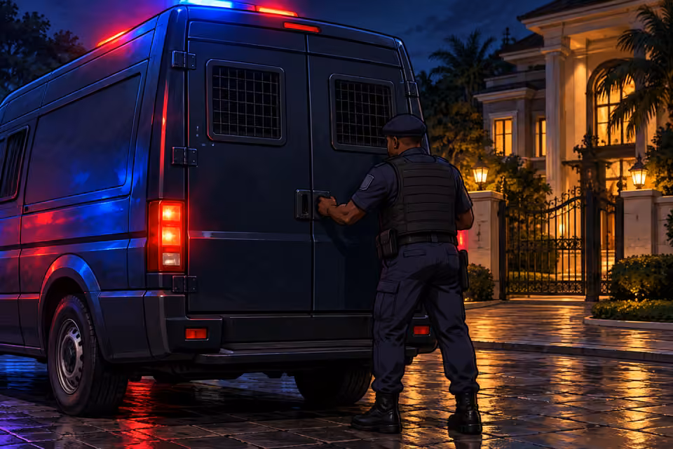 An officer closes the police van’s rear doors.
