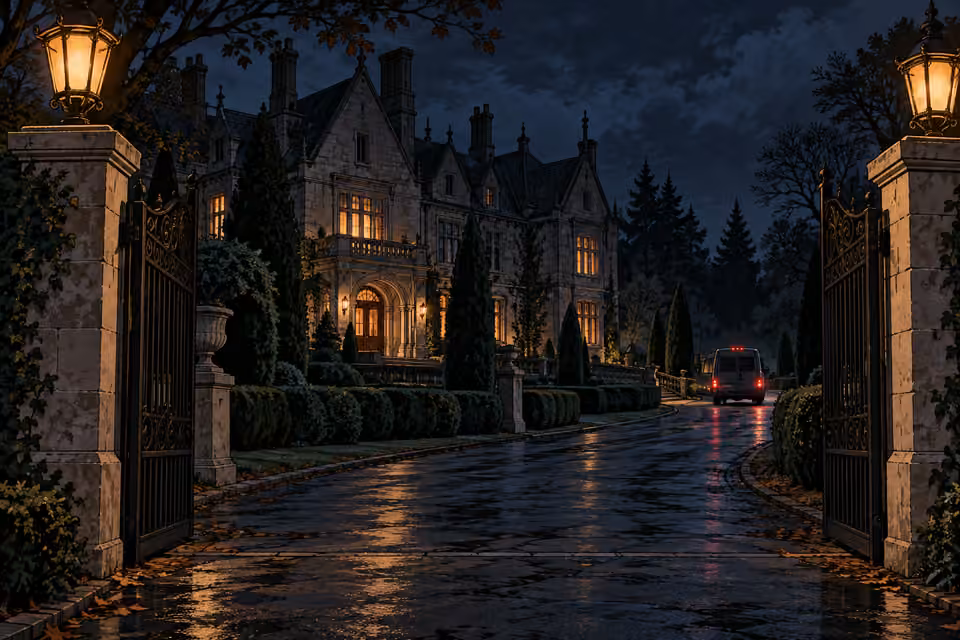 The police van leaves the silent Briarwood estate.
